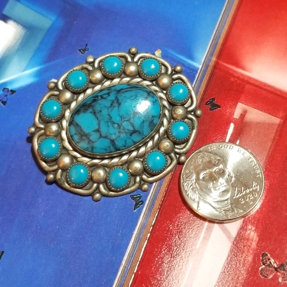 VTG BELL Nickel Silver Turquoise Brooch